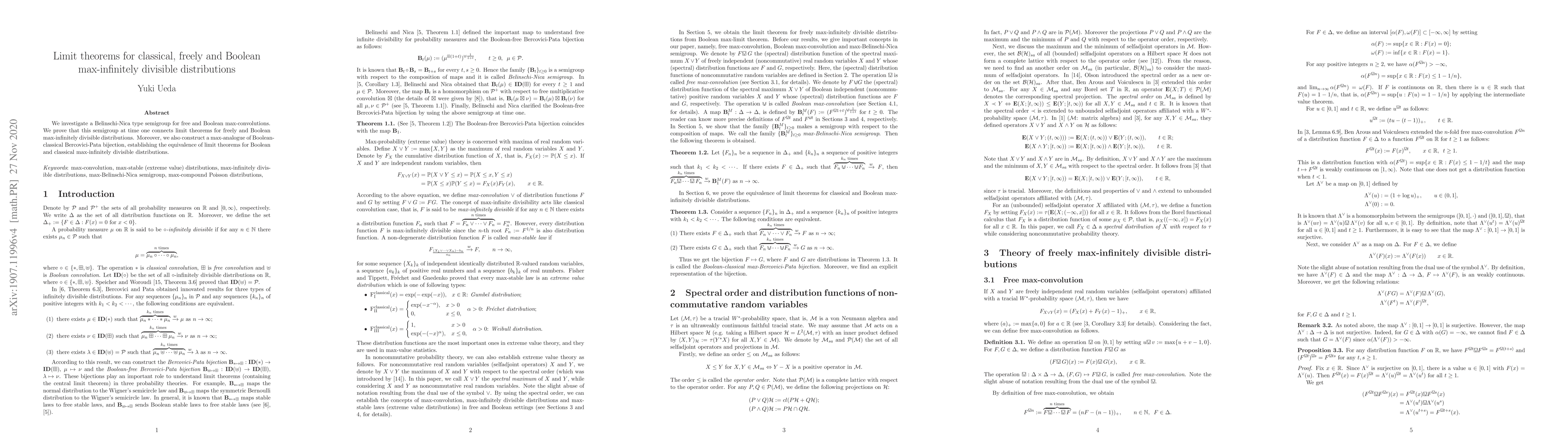 Thumbnail for Limit theorems for classical, freely and Boolean max-infinitely
  divisible distributions