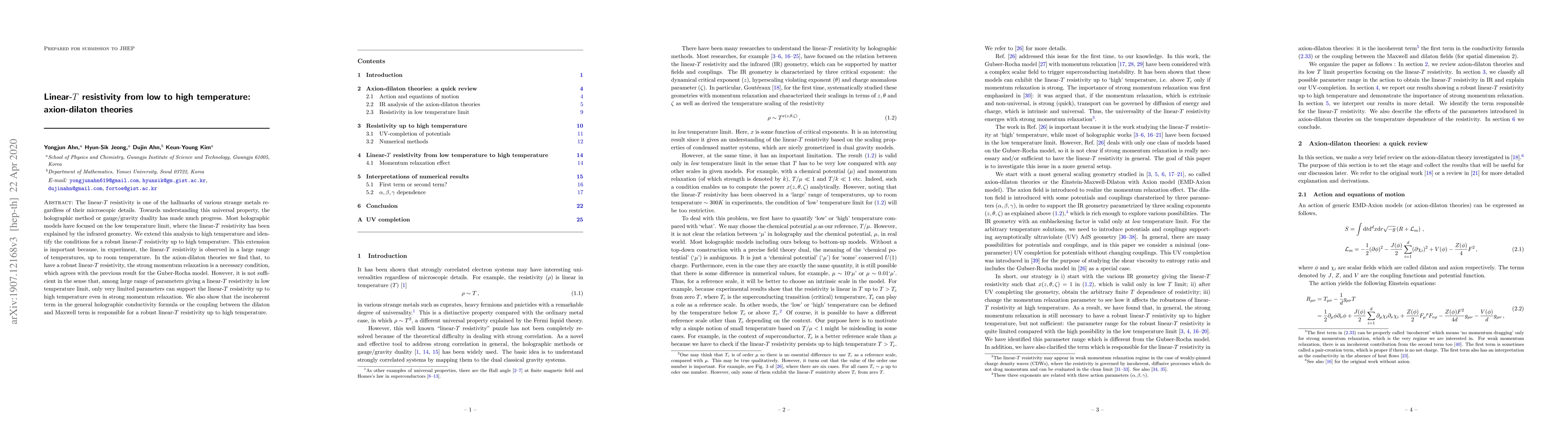 Thumbnail for Linear-$T$ resistivity from low to high temperature: axion-dilaton
  theories