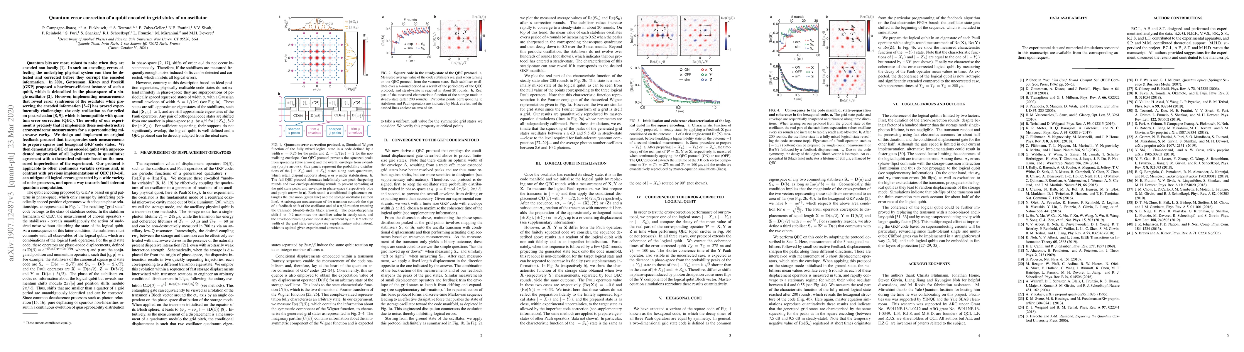Thumbnail for Quantum error correction of a qubit encoded in grid states of an
  oscillator