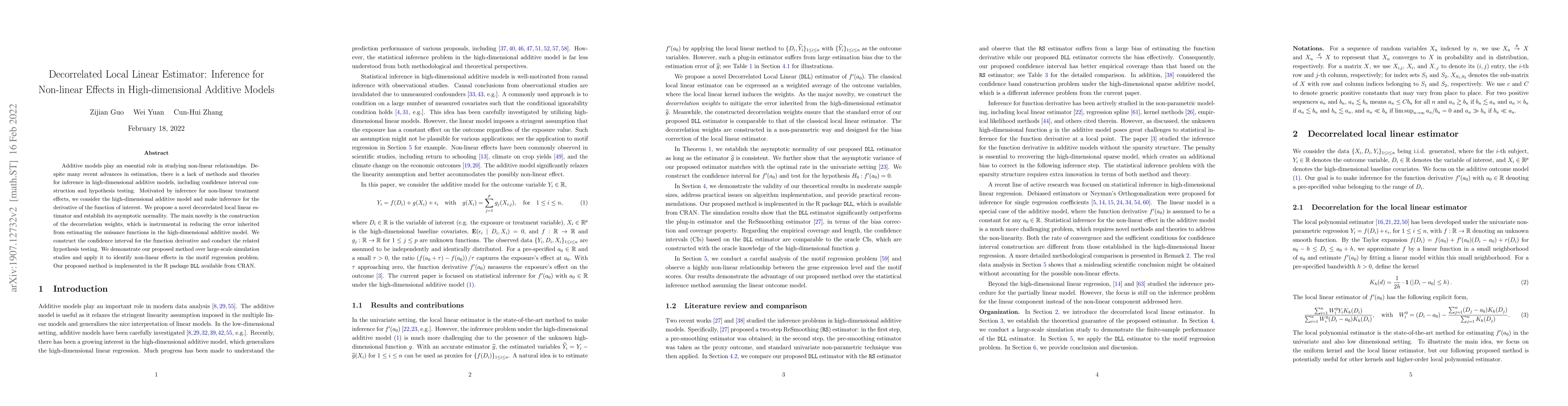 Thumbnail for Decorrelated Local Linear Estimator: Inference for Non-linear Effects in
  High-dimensional Additive Models