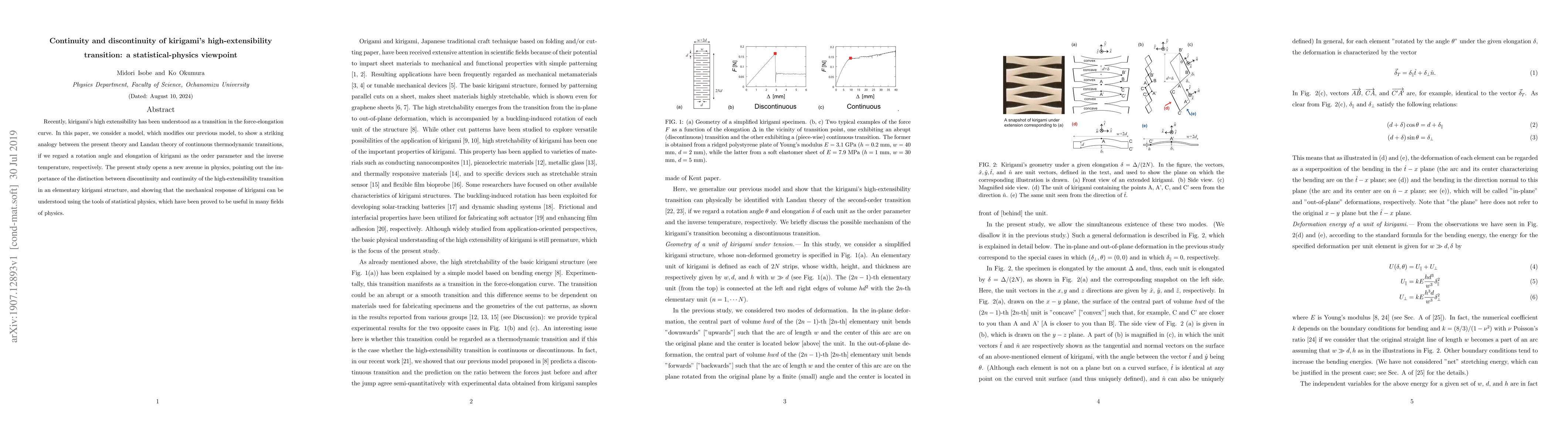 Thumbnail for Continuity and discontinuity of kirigami's high-extensibility
  transition: a statistical-physics viewpoint