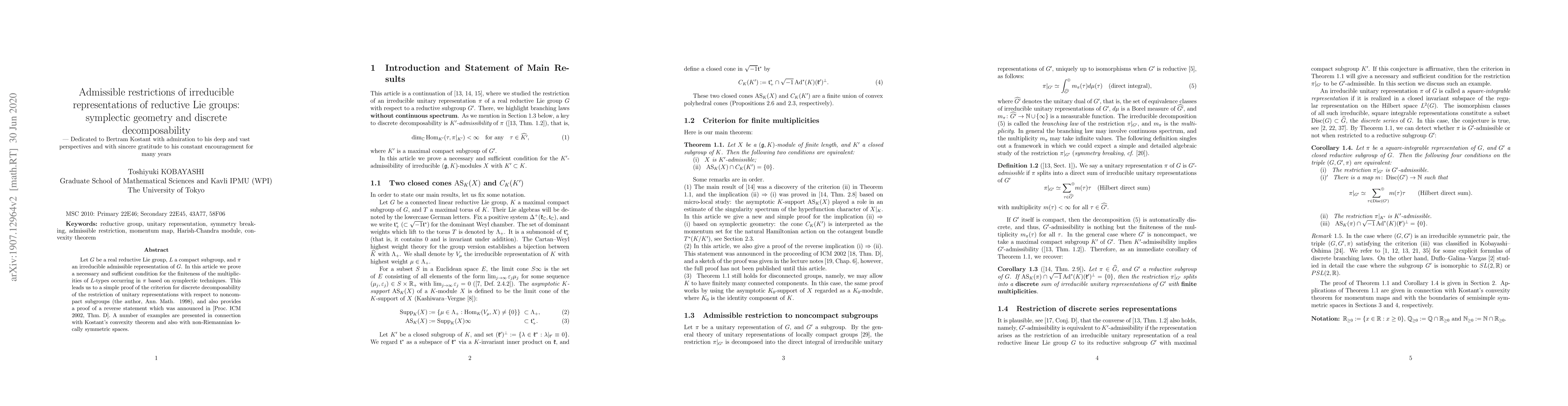 Thumbnail for Admissible restrictions of irreducible representations of reductive Lie
  groups: symplectic geometry and discrete decomposability