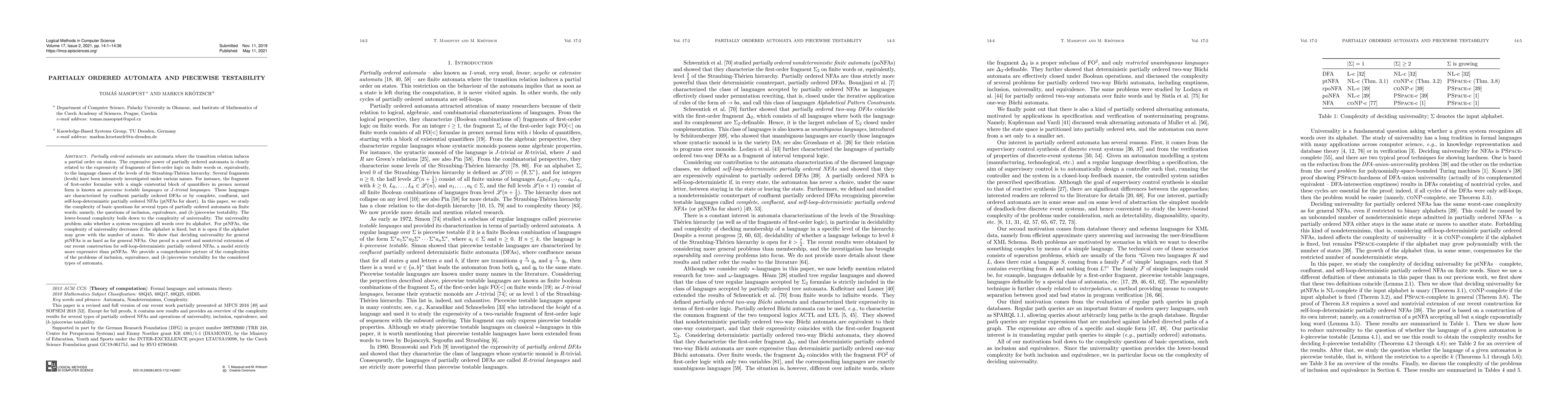 Thumbnail for Partially Ordered Automata and Piecewise Testability