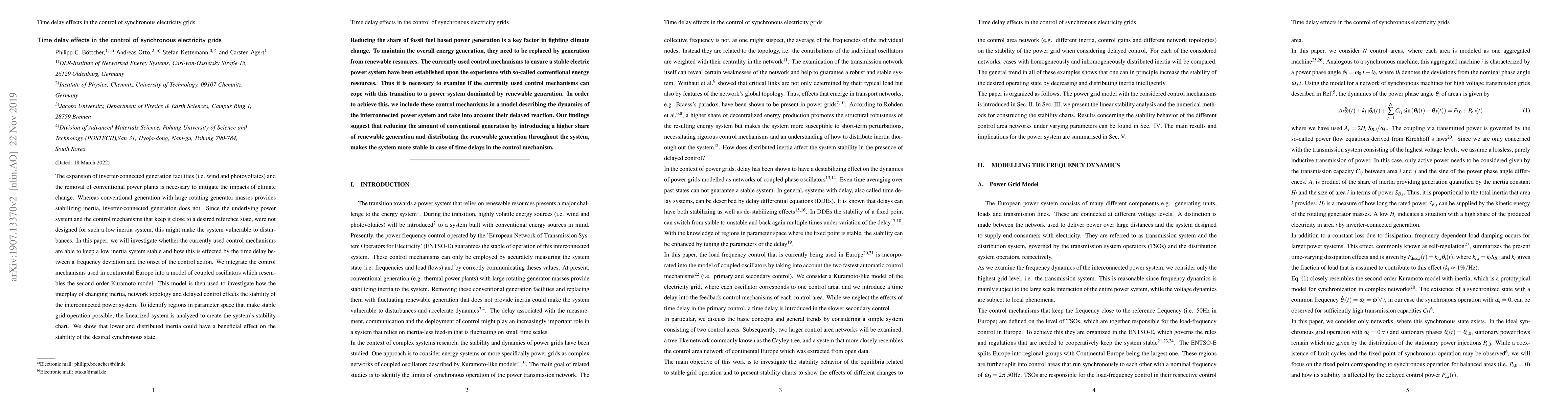 Thumbnail for Time delay effects in the control of synchronous electricity grids