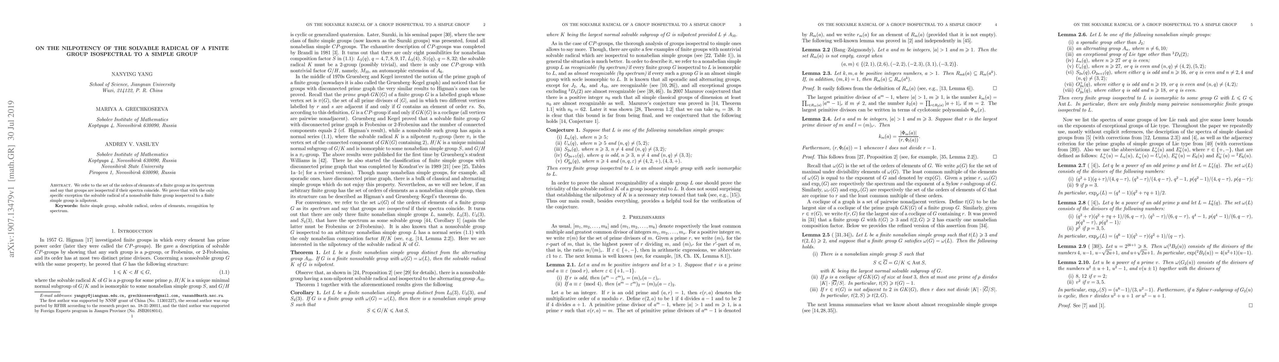 Thumbnail for On the nilpotency of the solvable radical of a finite group isospectral
  to a simple group