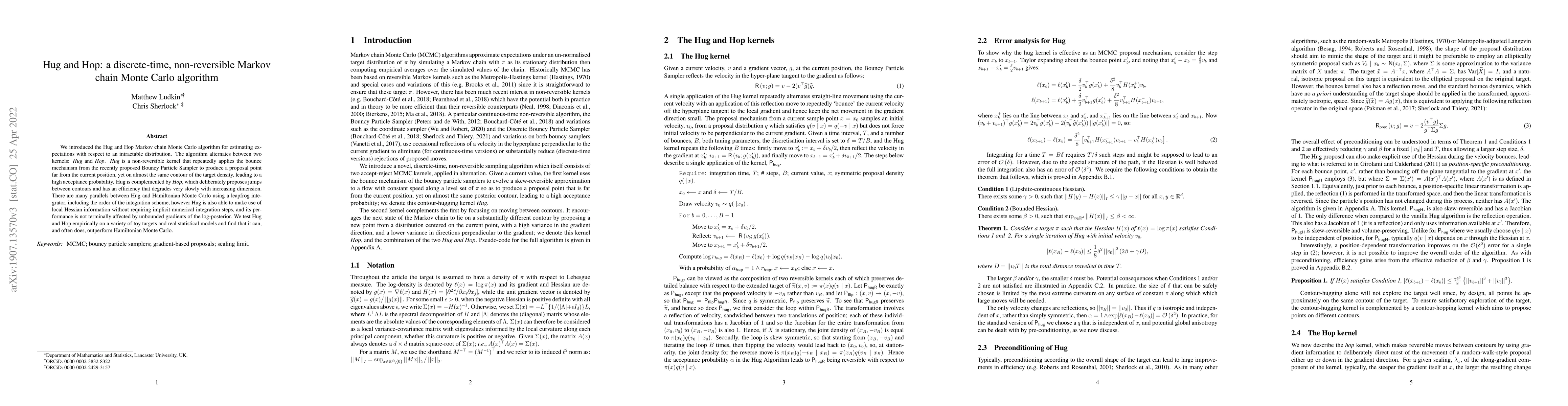 Thumbnail for Hug and Hop: a discrete-time, non-reversible Markov chain Monte-Carlo
  algorithm