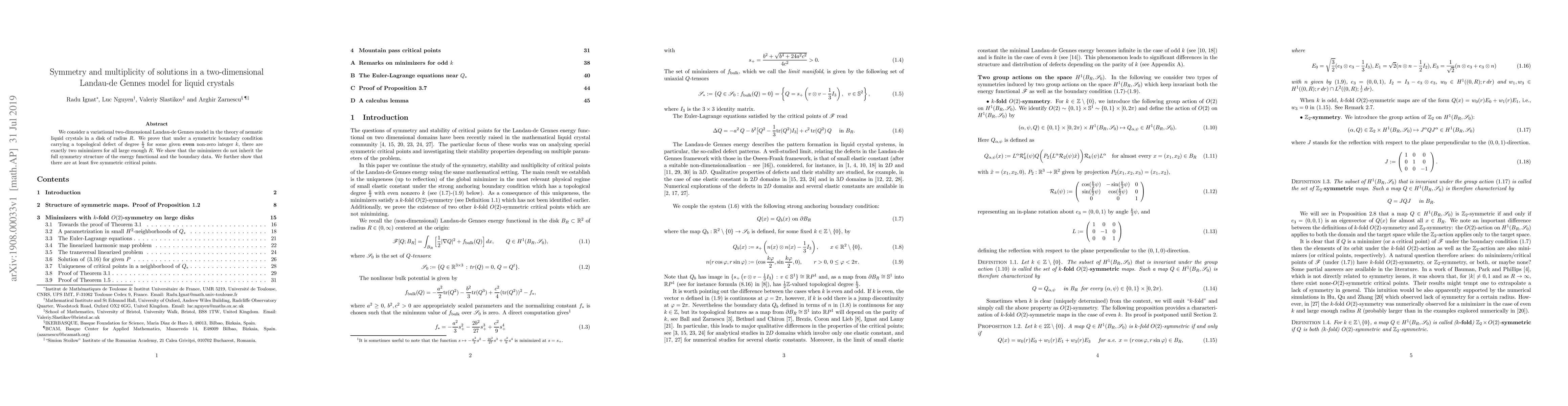 Thumbnail for Symmetry and multiplicity of solutions in a two-dimensional Landau-de
  Gennes model for liquid crystals