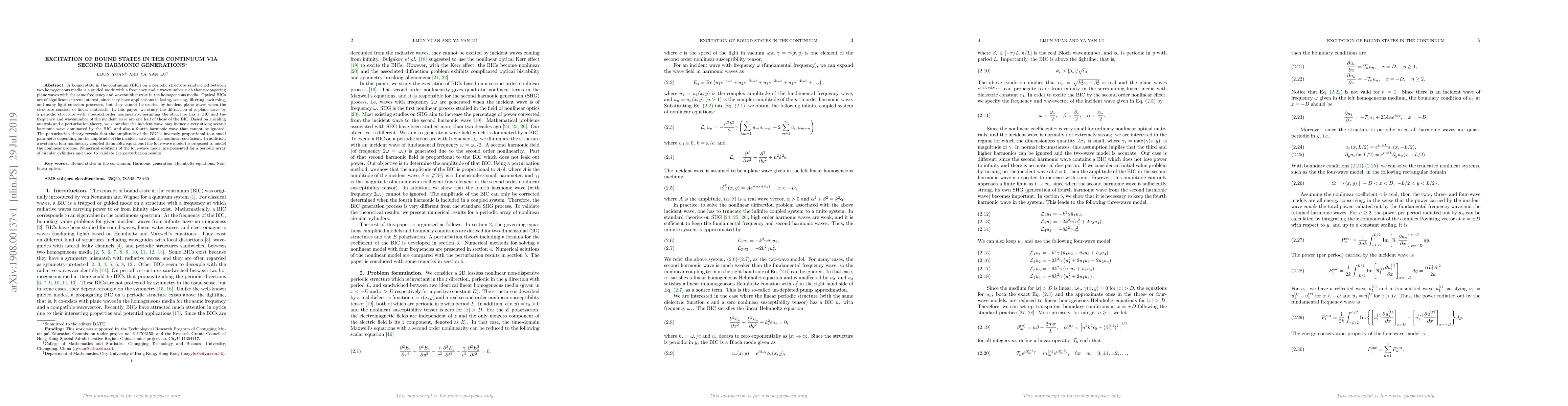 Thumbnail for Excitation of bound states in the continuum via second harmonic
  generations