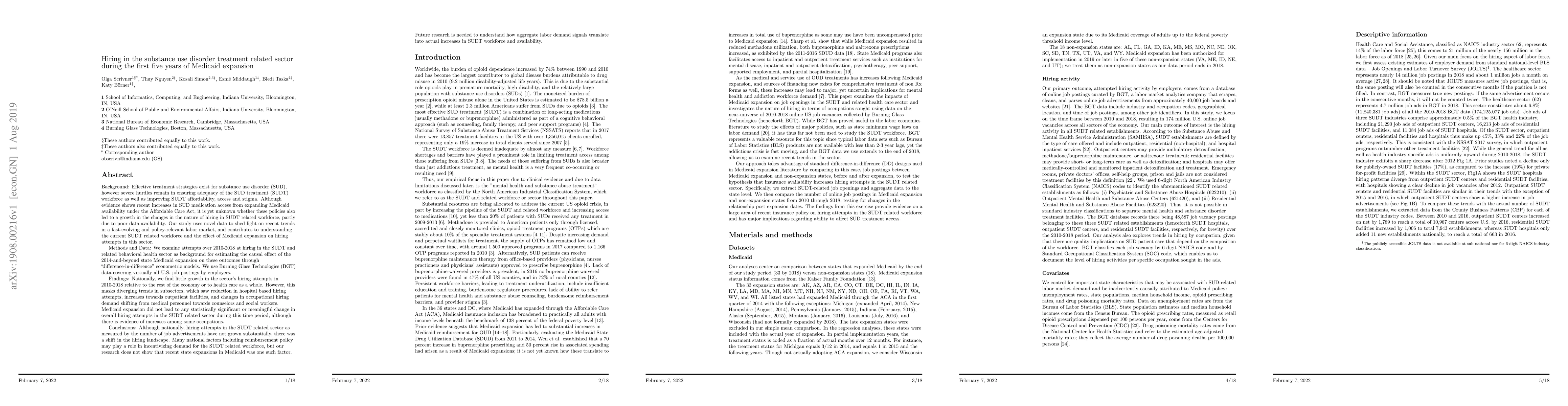Thumbnail for Hiring in the substance use disorder treatment related sector during the
  first five years of Medicaid expansion