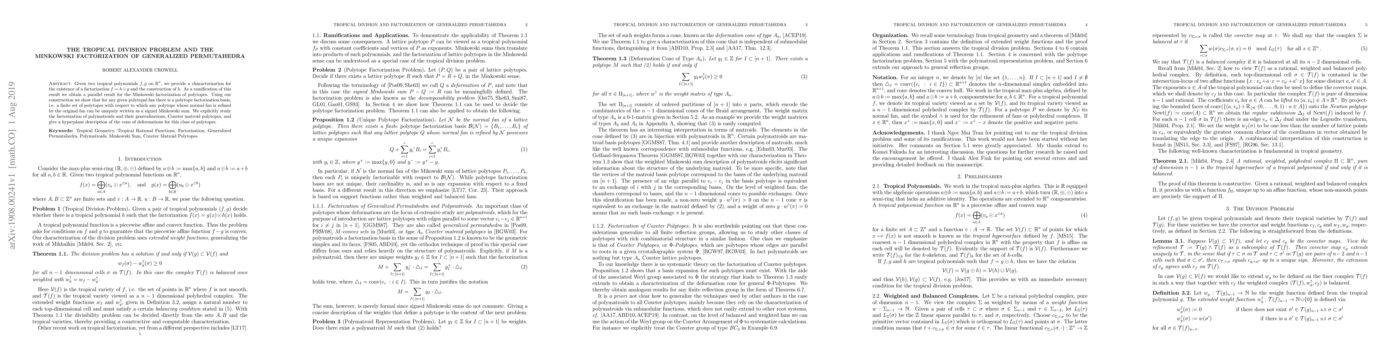 Thumbnail for The Tropical Division Problem and the Minkowski Factorization of
  Generalized Permutahedra