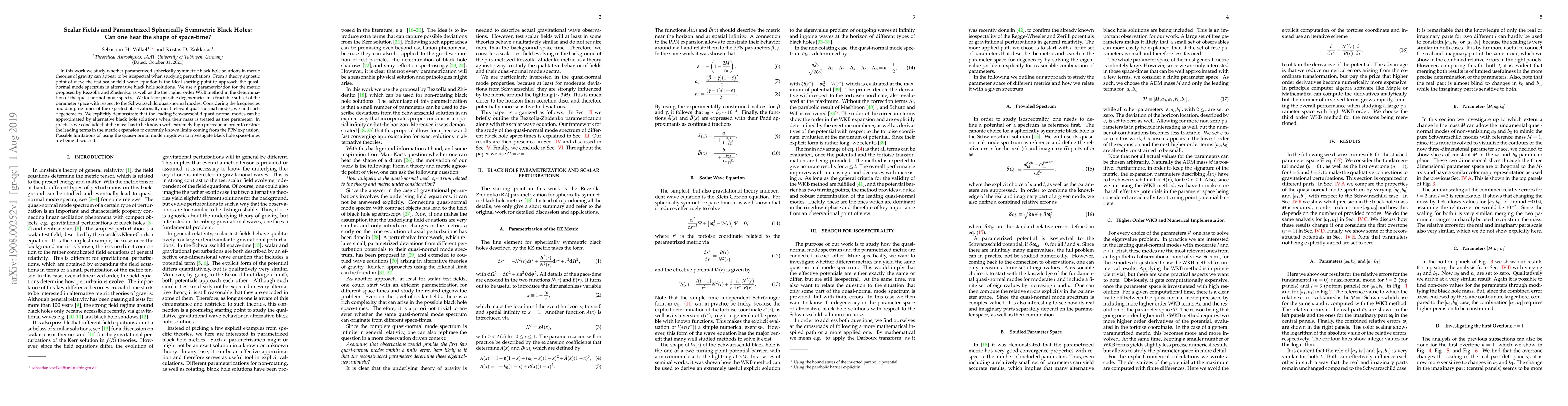 Thumbnail for Scalar Fields and Parametrized Spherically Symmetric Black Holes: Can
  one hear the shape of space-time?