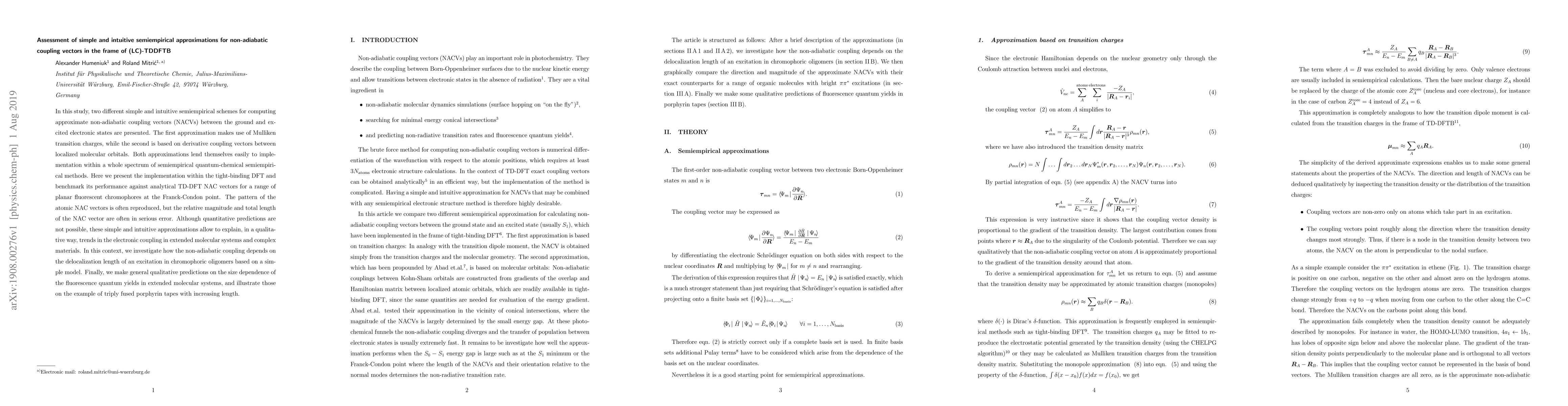 Thumbnail for Assessment of simple and intuitive semiempirical approximations for
  non-adiabatic coupling vectors in the frame of (LC)-TDDFTB