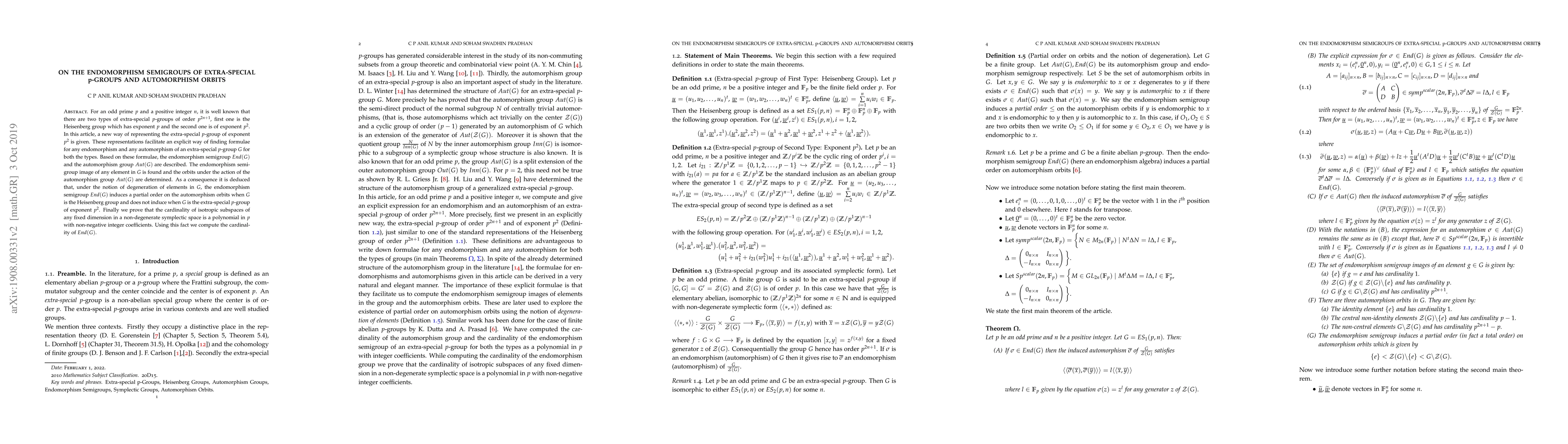 Thumbnail for On the Endomorphism Semigroups of Extra-special $p$-groups and
  Automorphism Orbits