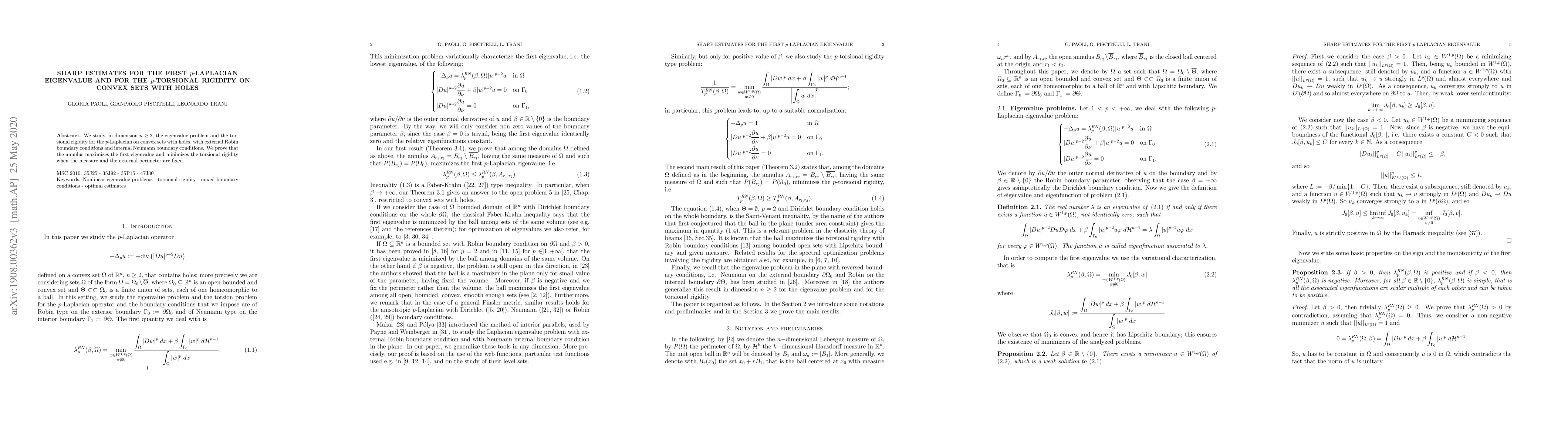 Thumbnail for Sharp estimates for the first $p$-Laplacian eigenvalue and for the
  $p$-torsional rigidity on convex sets with holes