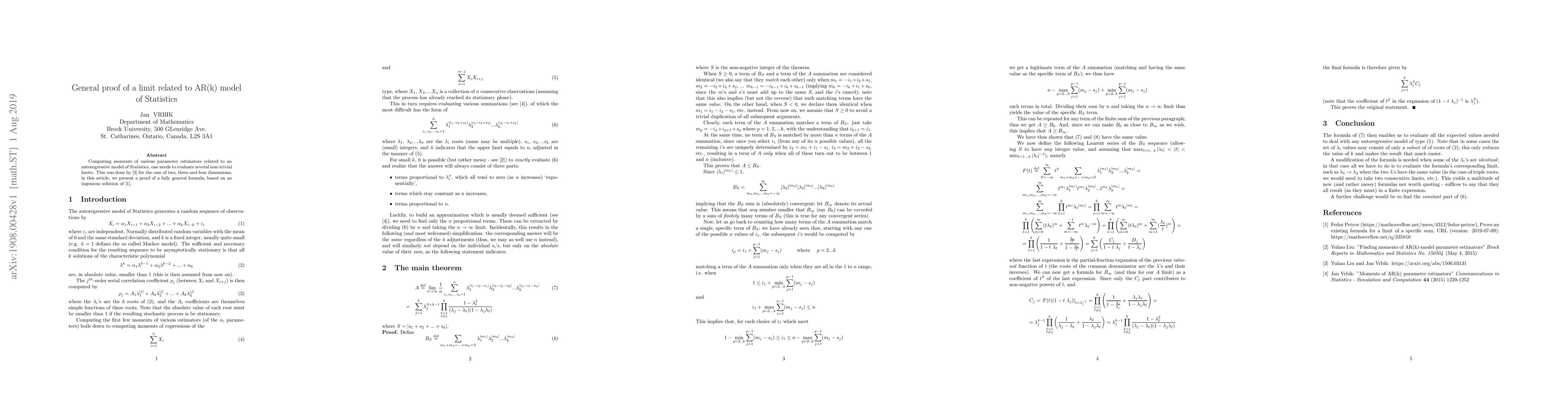 Thumbnail for General proof of a limit related to AR(k) model of Statistics