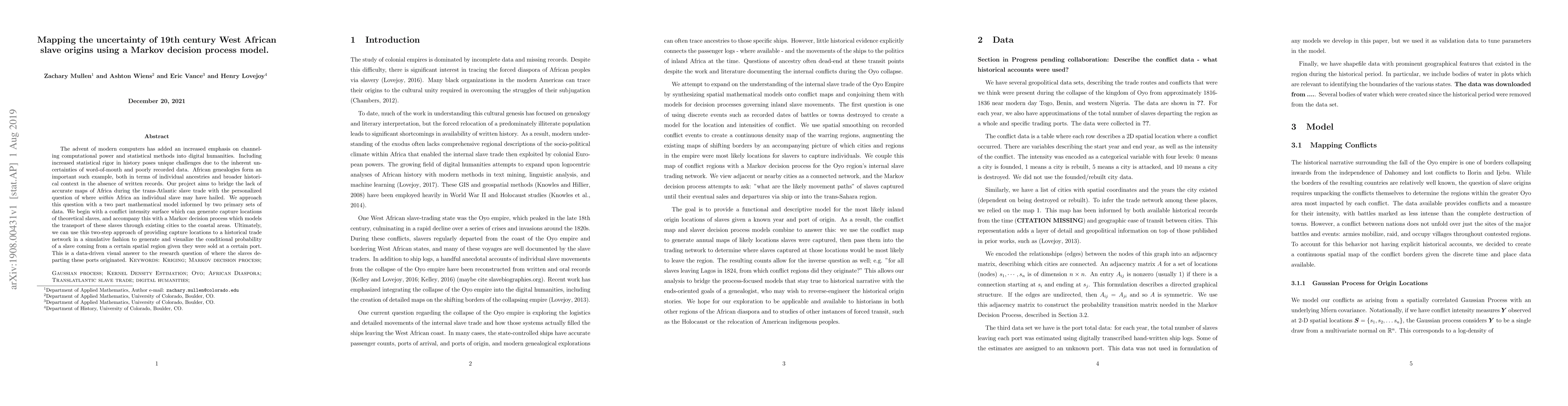 Thumbnail for Mapping the uncertainty of 19th century West African slave origins using
  a Markov decision process model