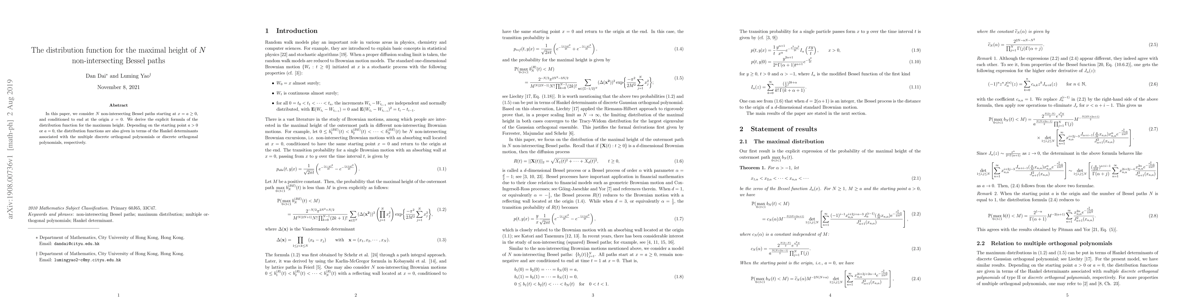 Thumbnail for The distribution function for the maximal height of $N$ non-intersecting
  Bessel paths