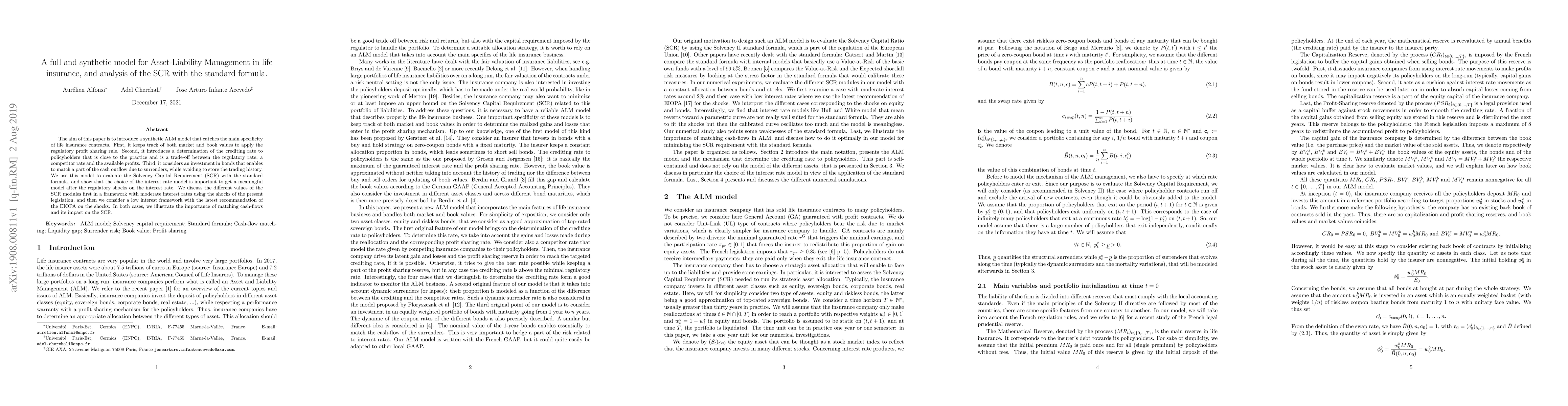 Thumbnail for A full and synthetic model for Asset-Liability Management in life
  insurance, and analysis of the SCR with the standard formula
