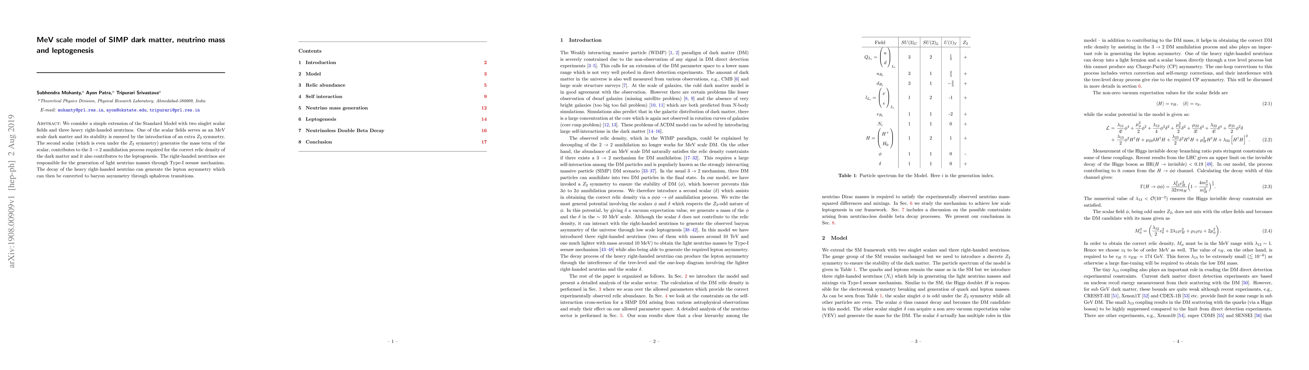 Thumbnail for MeV scale model of SIMP dark matter, neutrino mass and leptogenesis