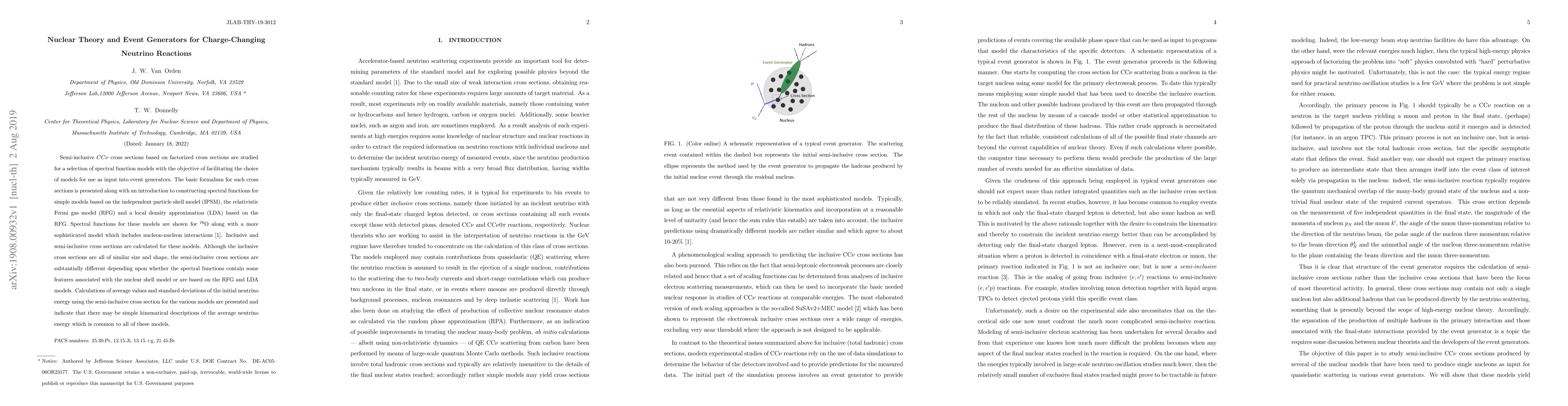 Thumbnail for Nuclear Theory and Event Generators for Charge-Changing Neutrino
  Reactions
