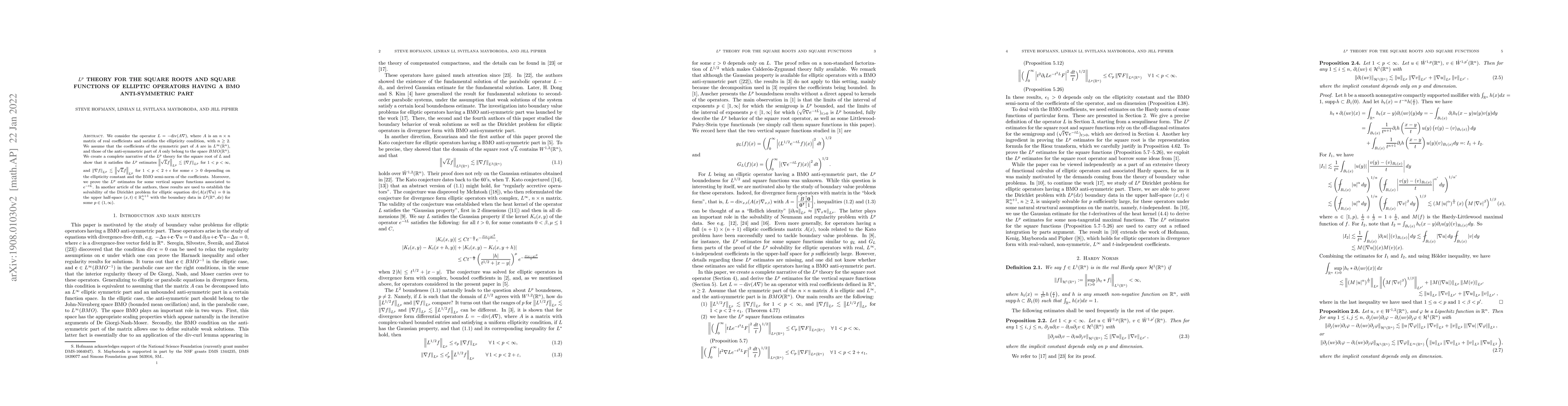 Thumbnail for $L^p$ theory for the square roots and square functions of elliptic
  operators having a BMO anti-symmetric part