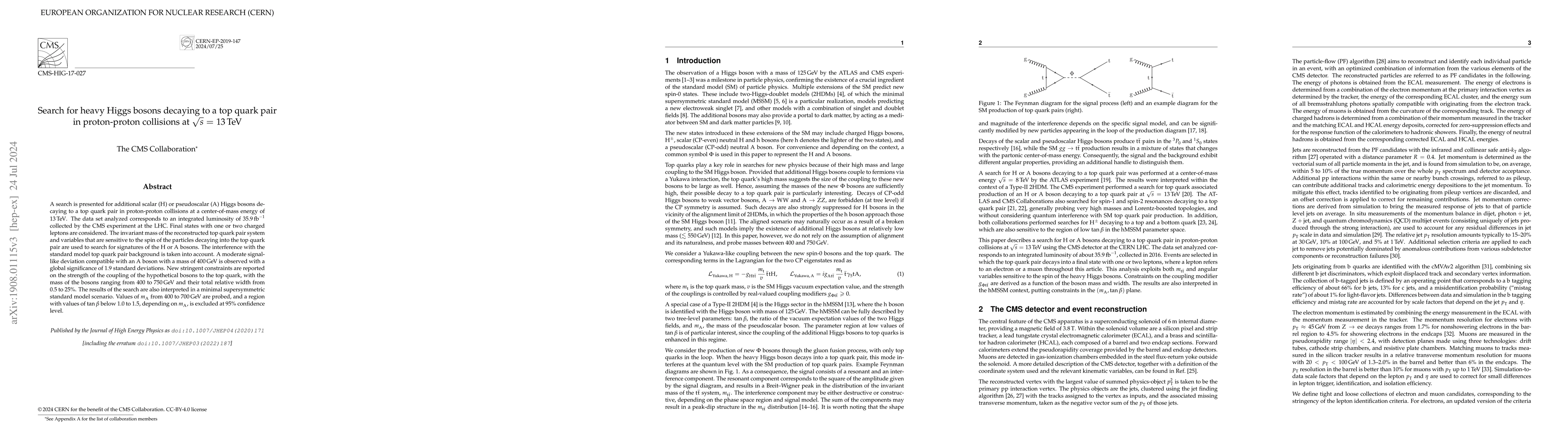 Thumbnail for Search for heavy Higgs bosons decaying to a top quark pair in
  proton-proton collisions at $\sqrt{s} =$ 13 TeV