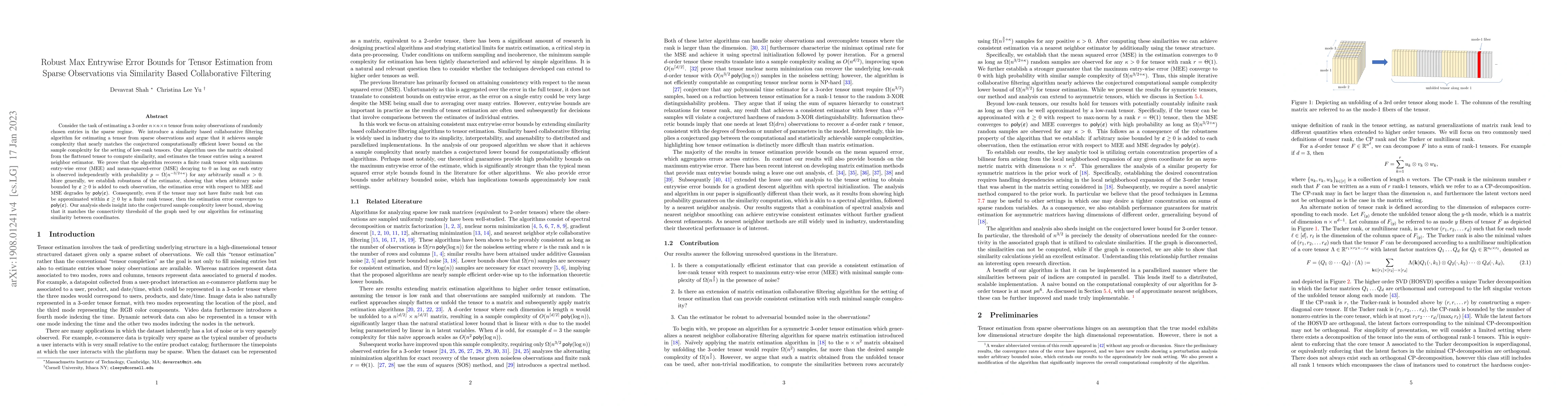 Thumbnail for Robust Max Entrywise Error Bounds for Tensor Estimation from Sparse
  Observations via Similarity Based Collaborative Filtering