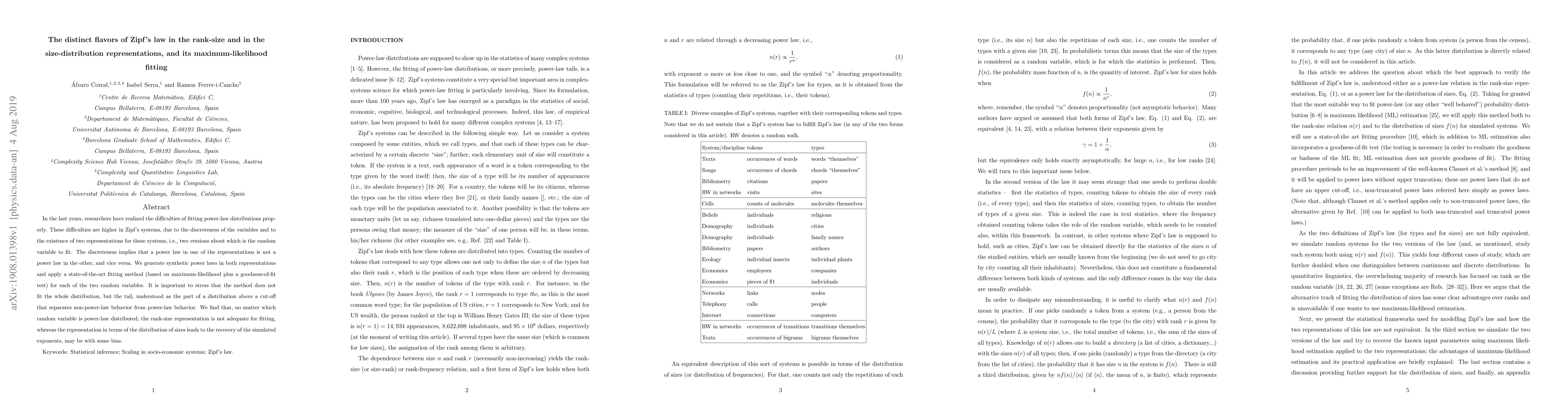 Thumbnail for The distinct flavors of Zipf's law in the rank-size and in the
  size-distribution representations, and its maximum-likelihood fitting