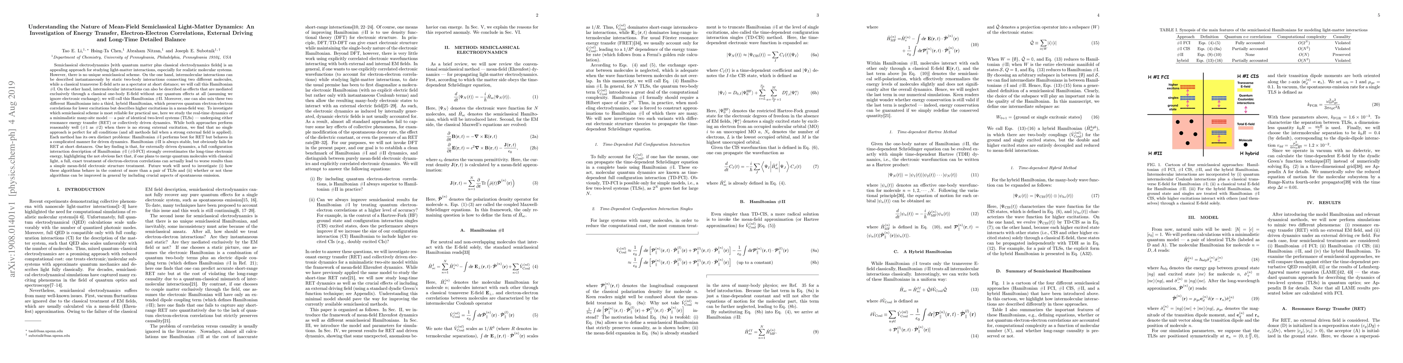 Thumbnail for Understanding the Nature of Mean-Field Semiclassical Light-Matter
  Dynamics: An Investigation of Energy Transfer, Electron-Electron
  Correlations, External Driving and Long-Time Detailed Balance