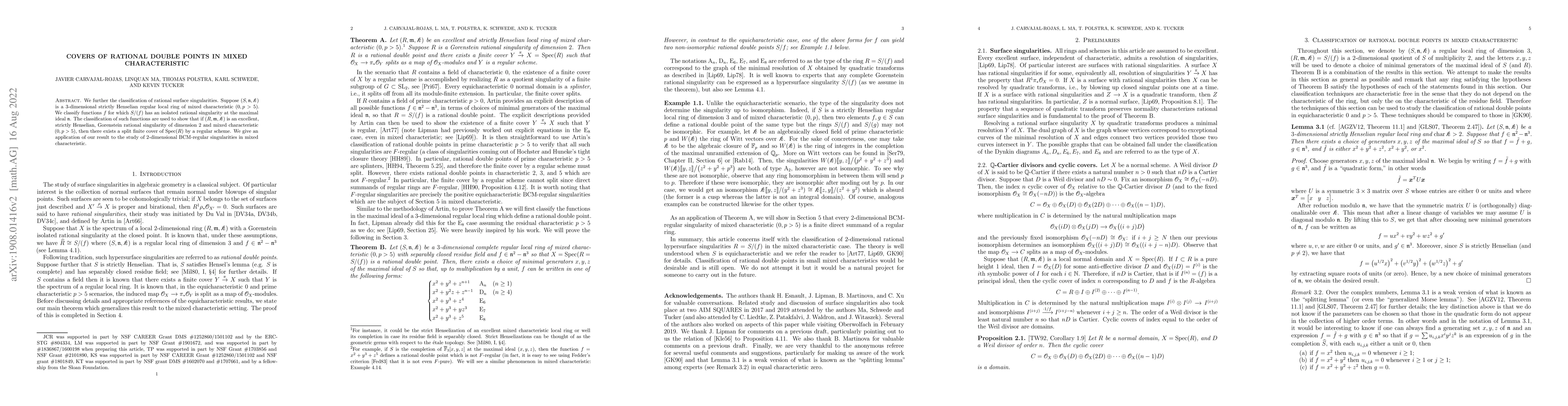 Thumbnail for Covers of rational double points in mixed characteristic