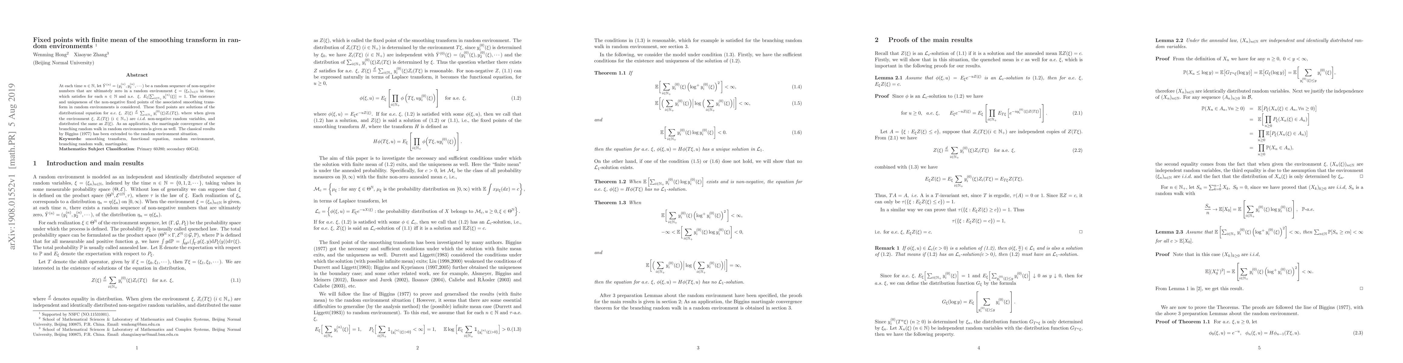 Thumbnail for Fixed points with finite mean of the smoothing transform in random
  environments