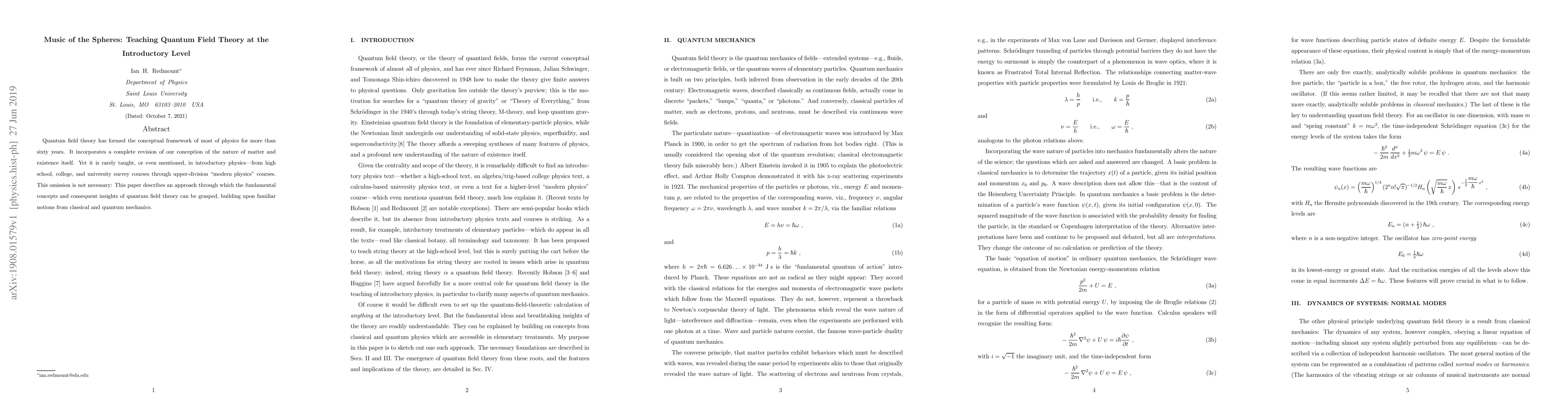 Thumbnail for Music of the Spheres: Teaching Quantum Field Theory at the Introductory
  Level