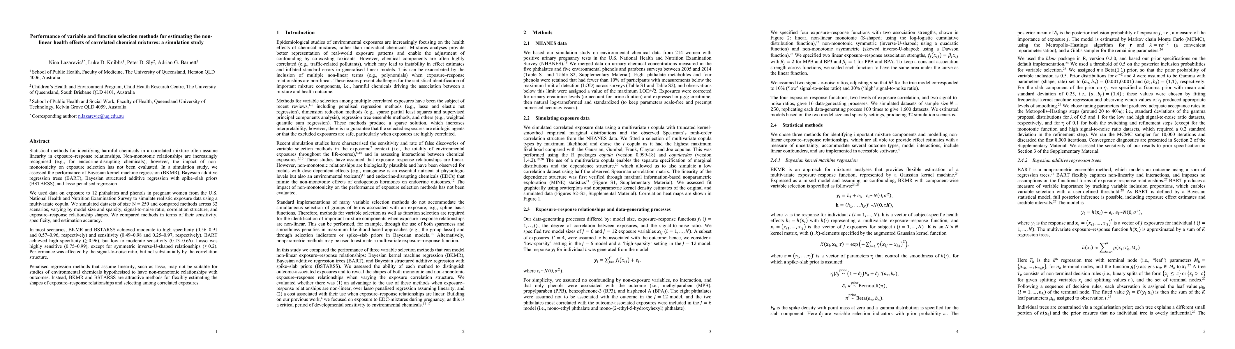 Thumbnail for Performance of variable and function selection methods for estimating
  the non-linear health effects of correlated chemical mixtures: a simulation
  study