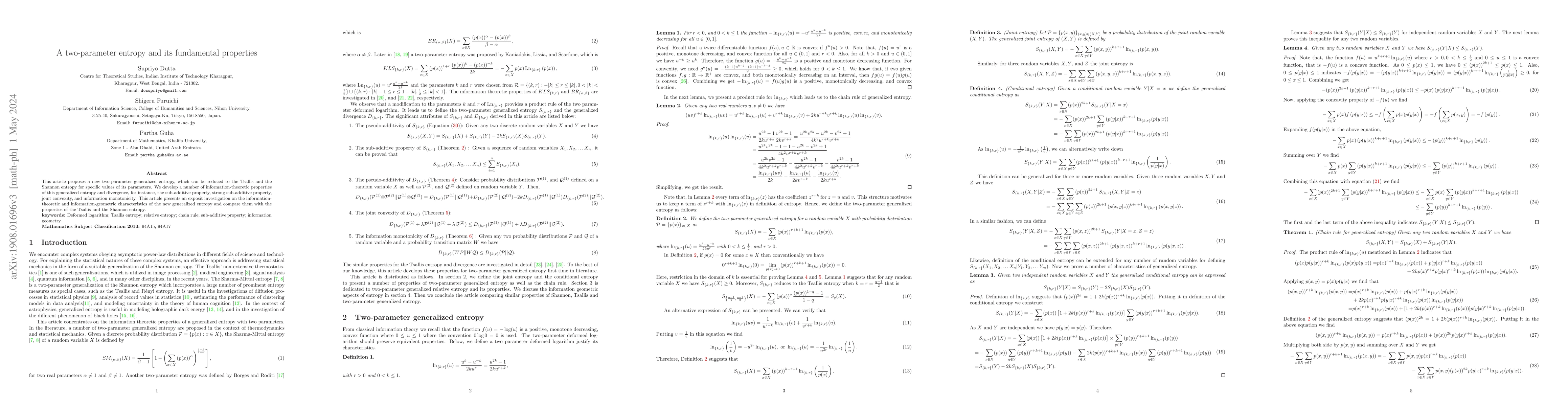 Thumbnail for A two-parameter entropy and its fundamental properties