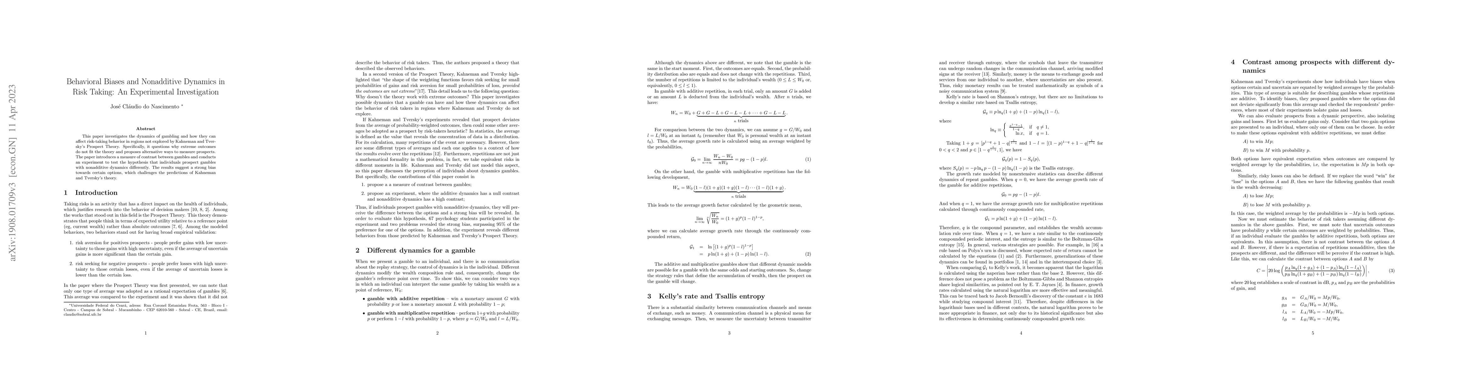 Thumbnail for Behavioral Biases and Nonadditive Dynamics in Risk Taking: An
  Experimental Investigation
