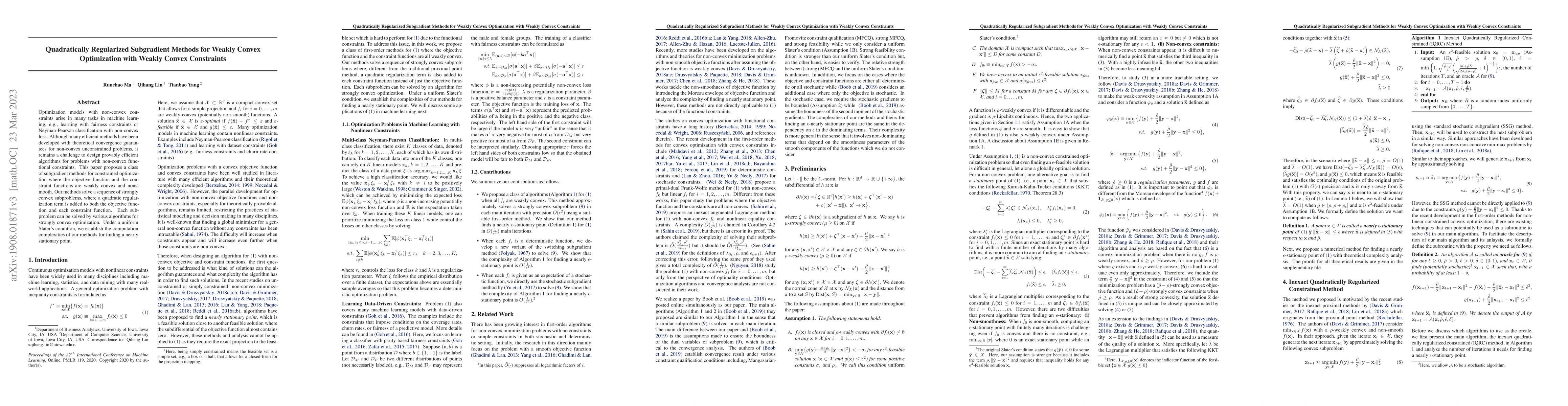 Thumbnail for Quadratically Regularized Subgradient Methods for Weakly Convex
  Optimization with Weakly Convex Constraints