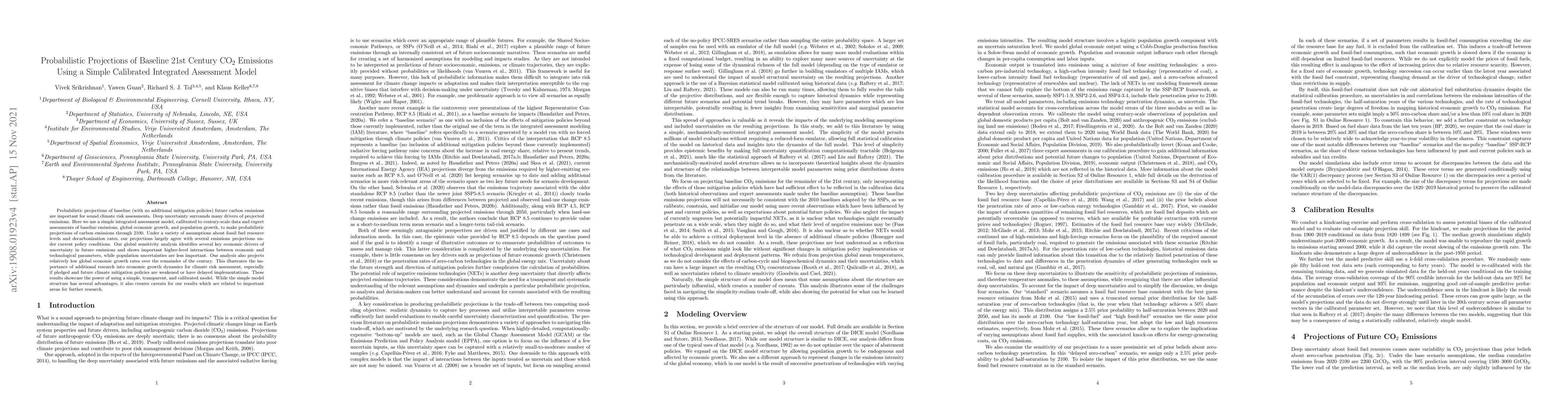 Thumbnail for Probabilistic Projections of Baseline 21st Century CO$_2$ Emissions
  Using a Simple Calibrated Integrated Assessment Model