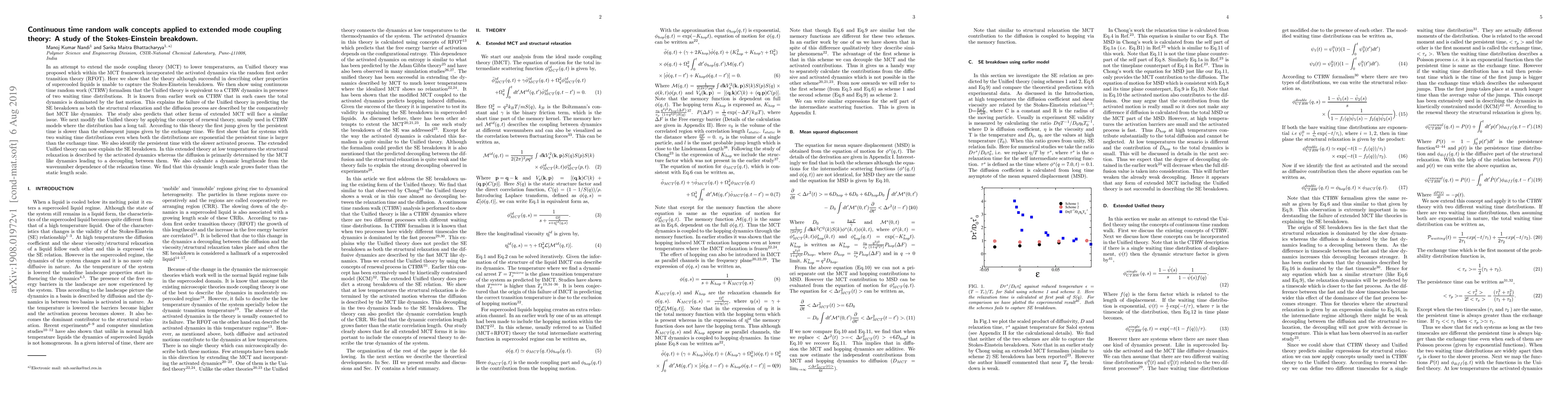 Thumbnail for Continuous time random walk concepts applied to extended mode coupling
  theory: A study of the Stokes-Einstein breakdown