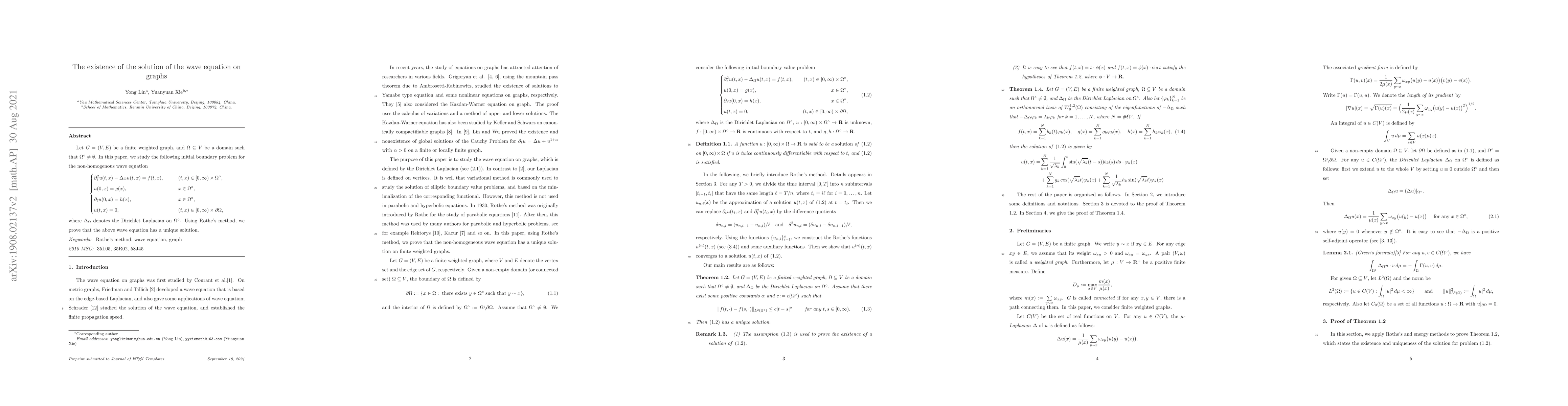 Thumbnail for The existence of the solution of the wave equation on graphs