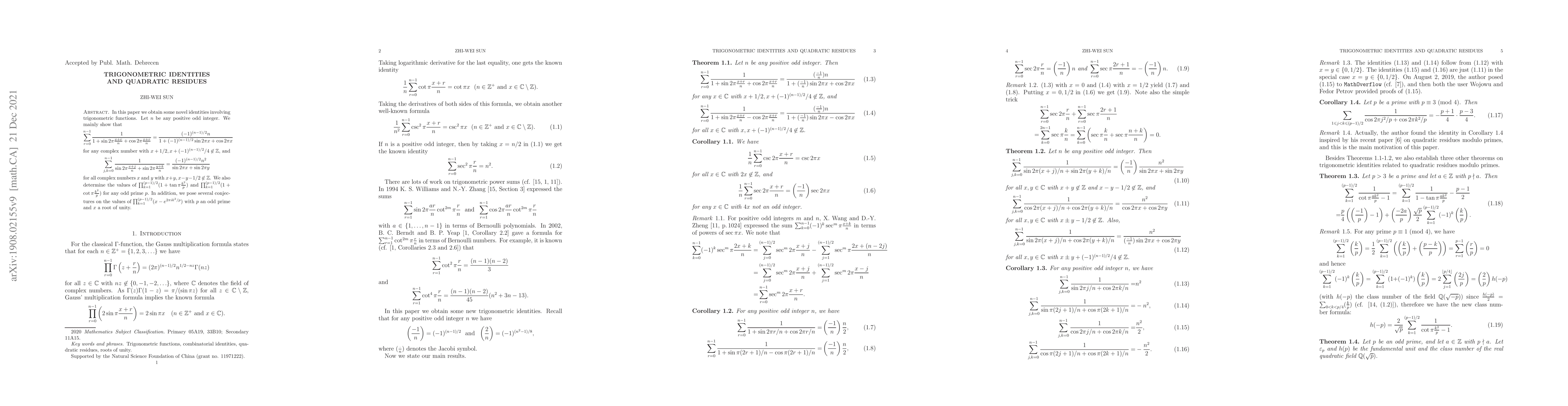Thumbnail for Trigonometric identities and quadratic residues