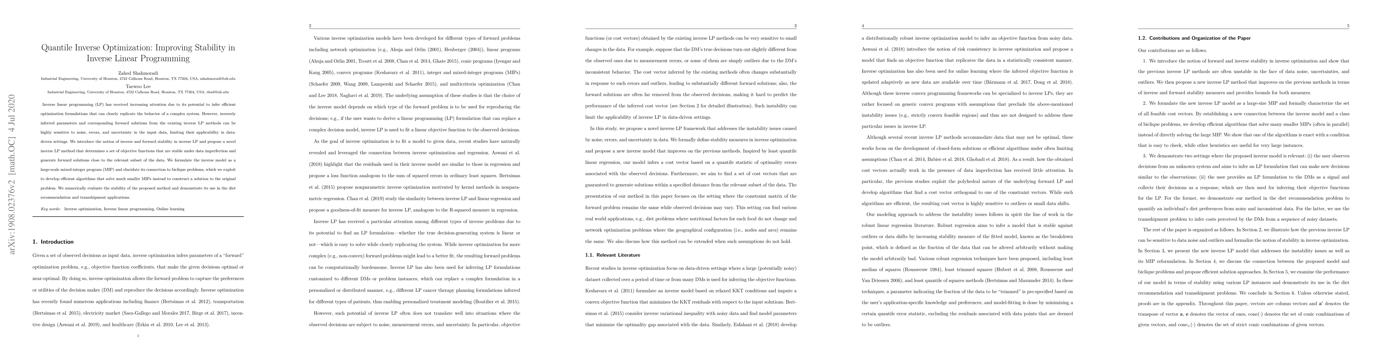 Thumbnail for Quantile Inverse Optimization: Improving Stability in Inverse Linear
  Programming