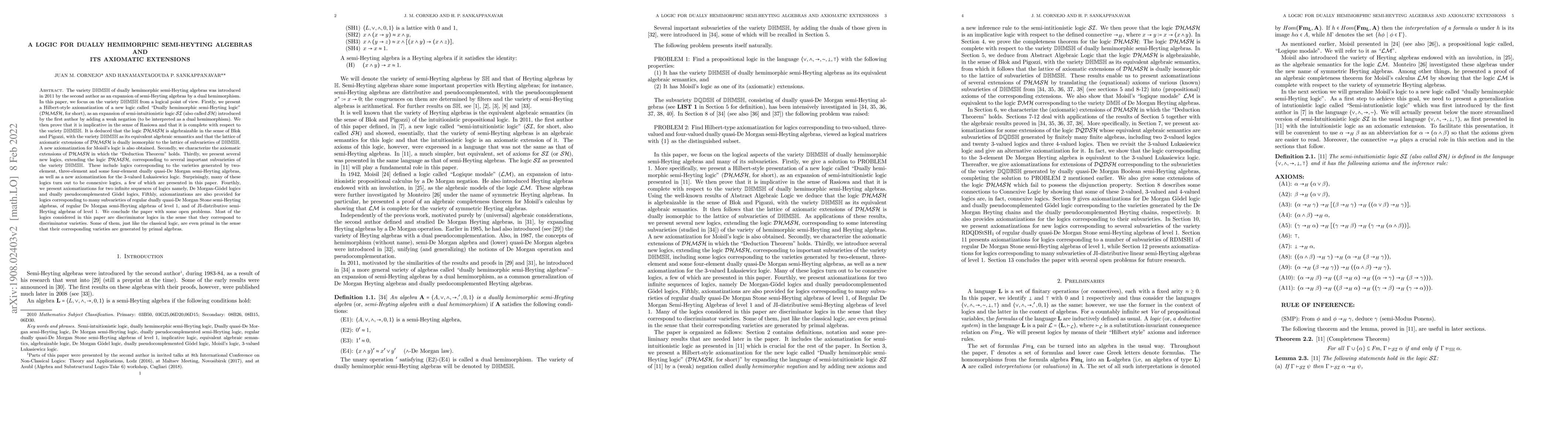 Thumbnail for A Logic for Dually Hemimorphic Semi-Heyting Algebras and its Axiomatic
  Extensions