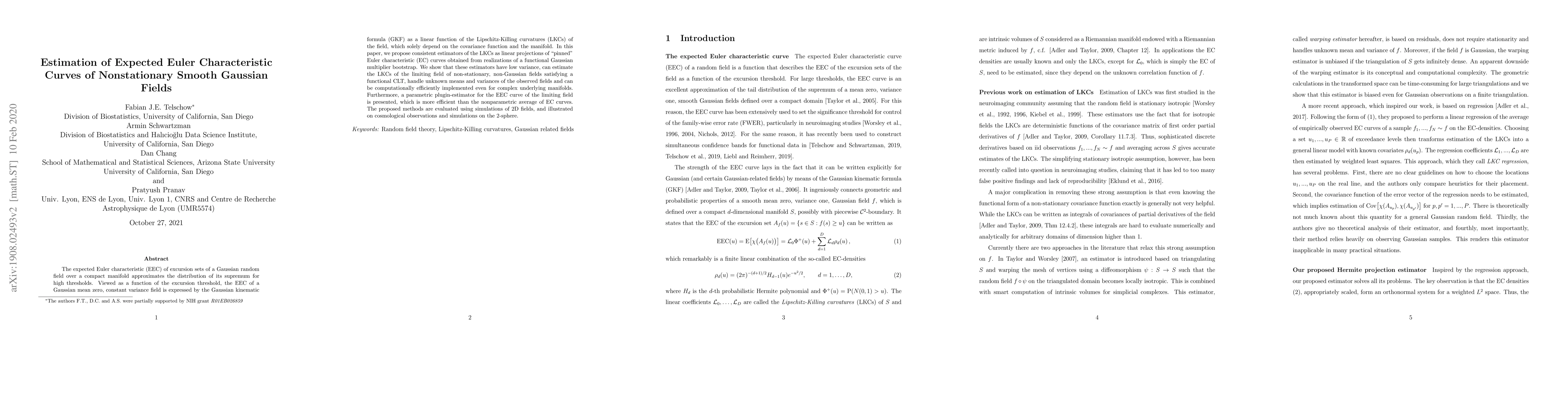 Thumbnail for Estimation of Expected Euler Characteristic Curves of Nonstationary
  Smooth Gaussian Random Fields
