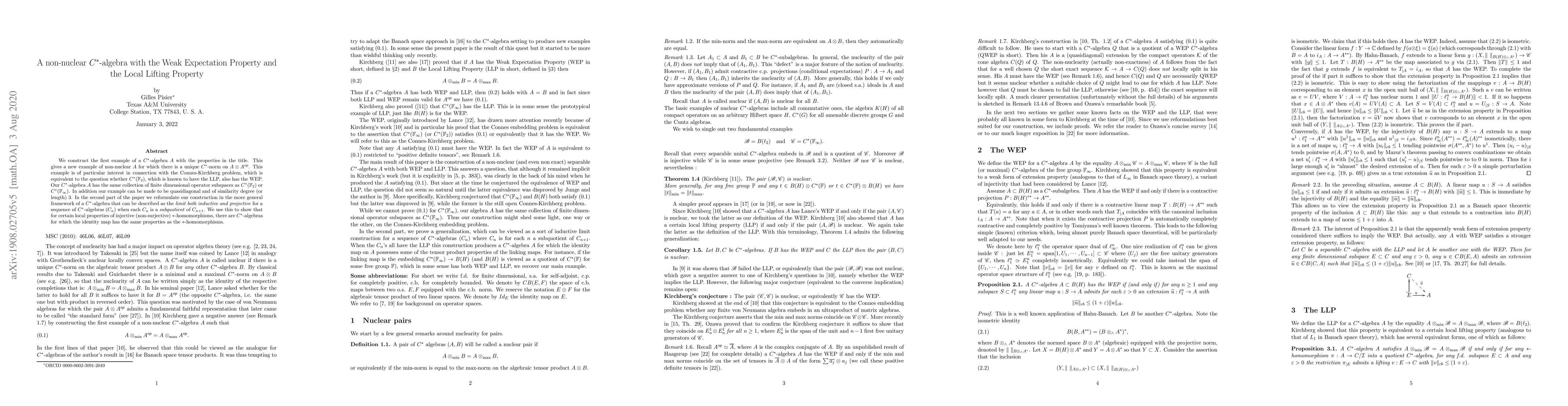 Thumbnail for A non-nuclear $C^*$-algebra with the Weak Expectation Property and the
  Local Lifting Property
