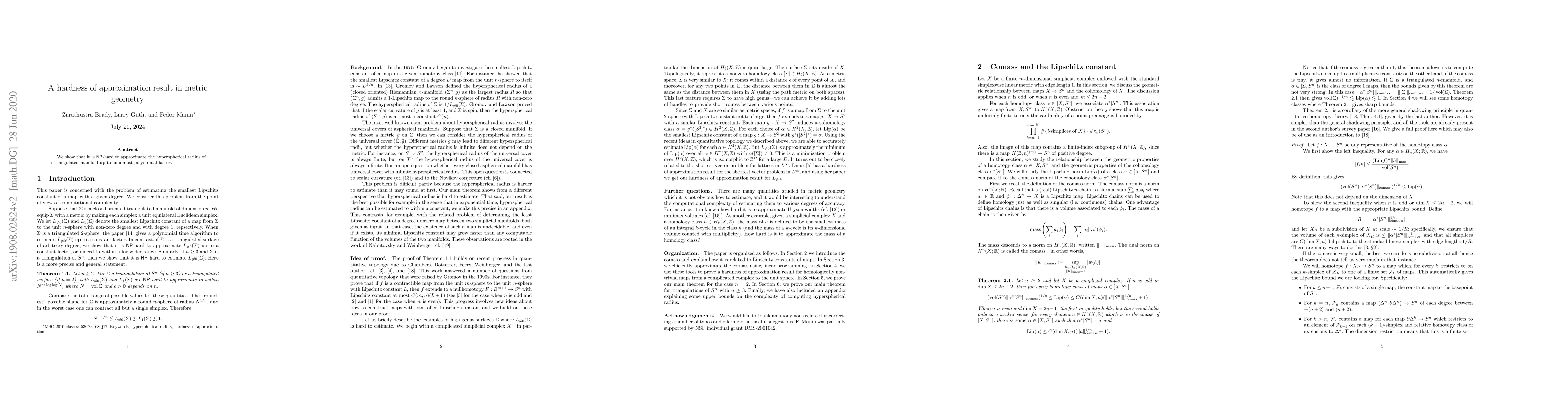 Thumbnail for A hardness of approximation result in metric geometry