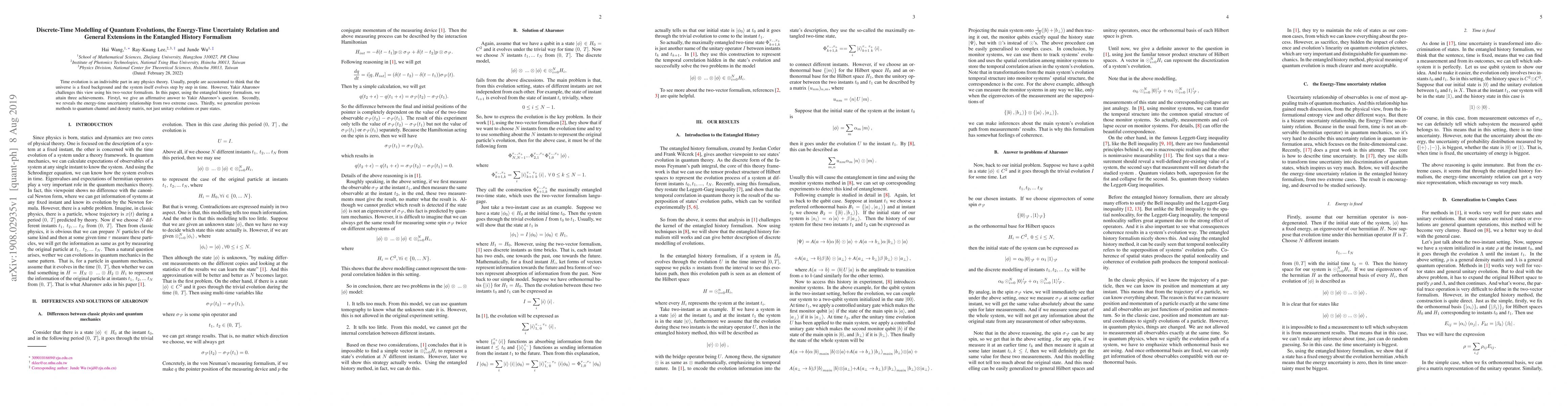 Thumbnail for Discrete-Time Modelling of Quantum Evolutions, the Energy-Time
  Uncertainty Relation and General Extensions in the Entangled History
  Formalism
