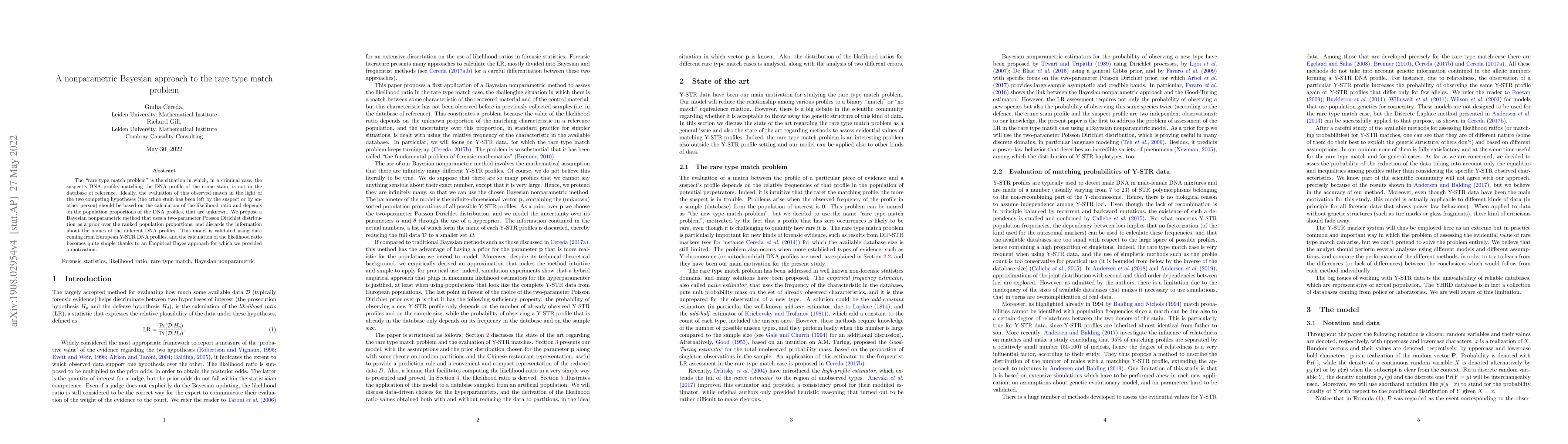 Thumbnail for A nonparametric Bayesian approach to the rare type match problem