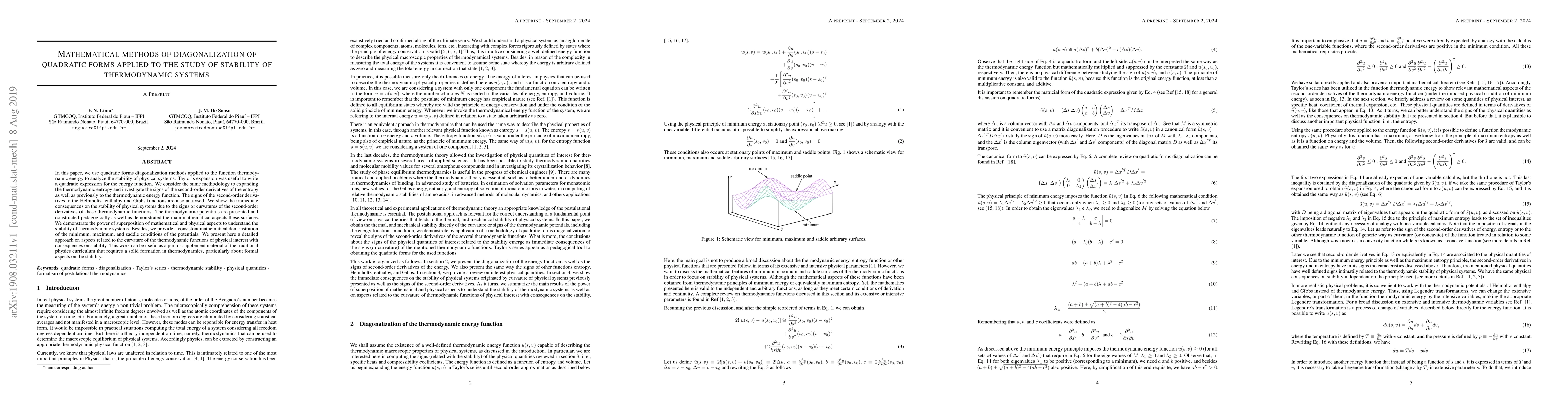 Thumbnail for Mathematical methods of diagonalization of quadratic forms applied to
  the study of stability of thermodynamic systems