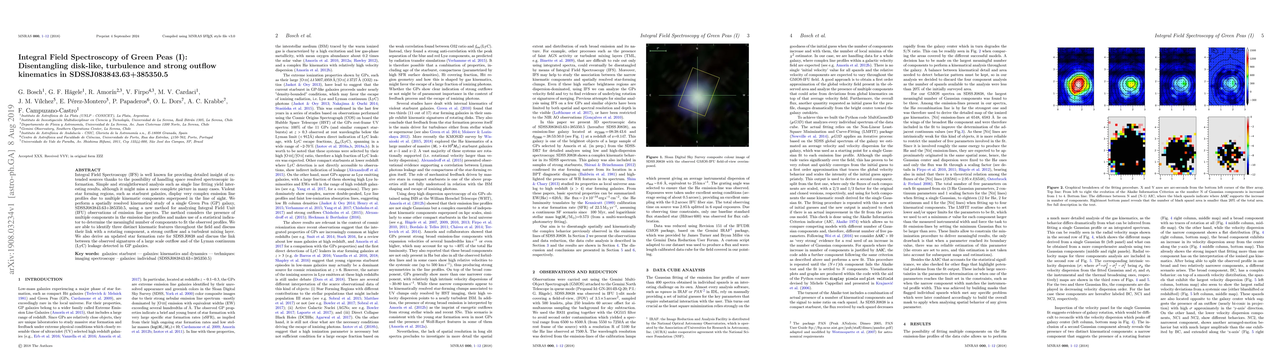 Thumbnail for Integral Field Spectroscopy of Green Peas (I): Disentangling disk-like,
  turbulence and strong outflow kinematics in SDSSJ083843.63+385350.5