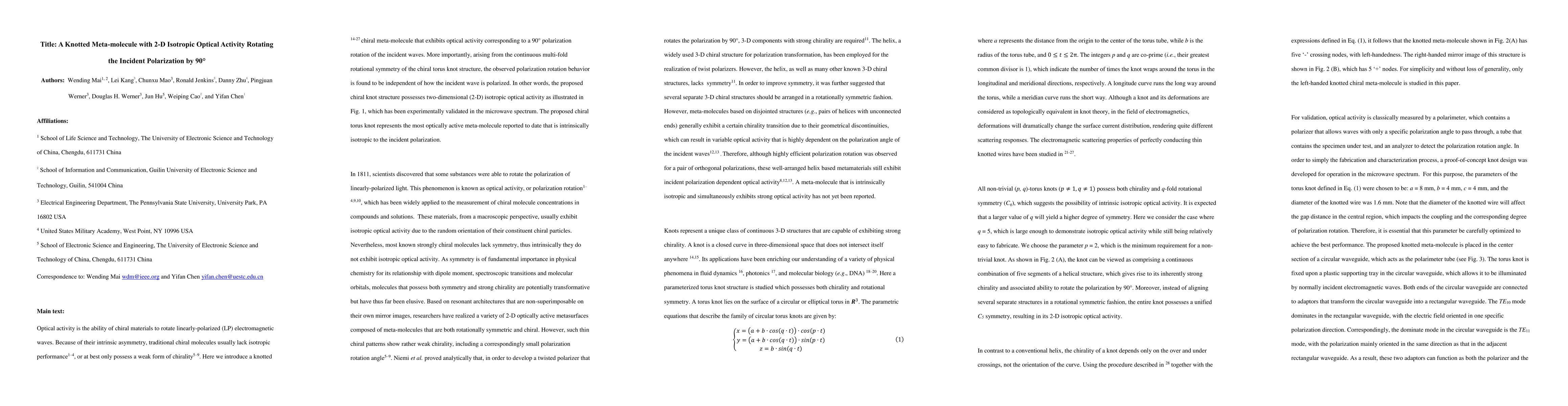 Thumbnail for A Knotted Meta-molecule with 2-D Isotropic Optical Activity Rotating the
  Incident Polarization by 90{\deg}